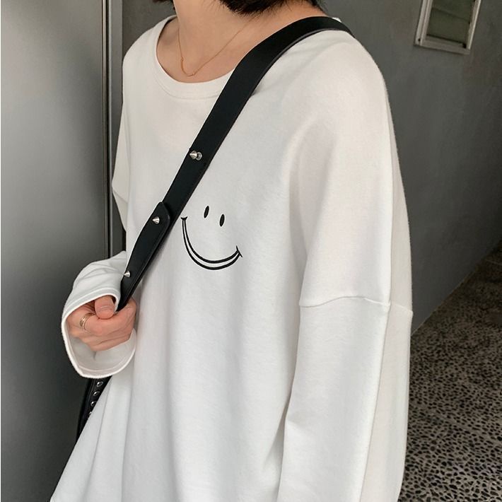 Áo thun nữ SUXI tay dài cổ tròn họa tiết mặt cười phong cách Hàn Quốc