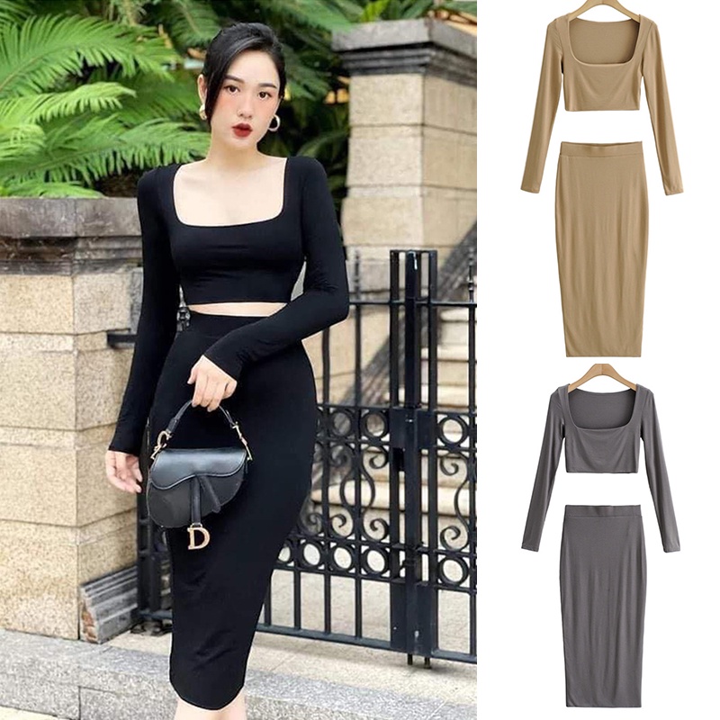 Set croptop áo cổ vuông chân váy midi hàng xuất dư Quảng Châu cao cấp