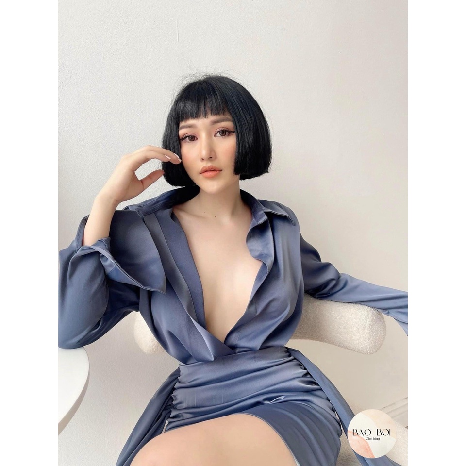 Váy sơ mi lụa nhún, Váy lụa cao câp, Bảo Bối Clothing