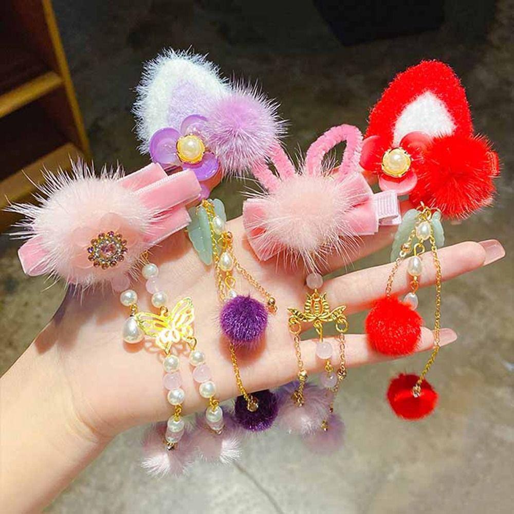 Trâm Cài Tóc Hình Tai Mèo Bằng Vải Lông Phong Cách Trung Hoa Dễ Thương Cho Bé Gái