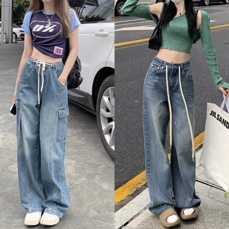 QUẦN BÒ ỐNG RỘNG LƯNG NHÚN RÚT DÂY NÂU CÁ TÍNH