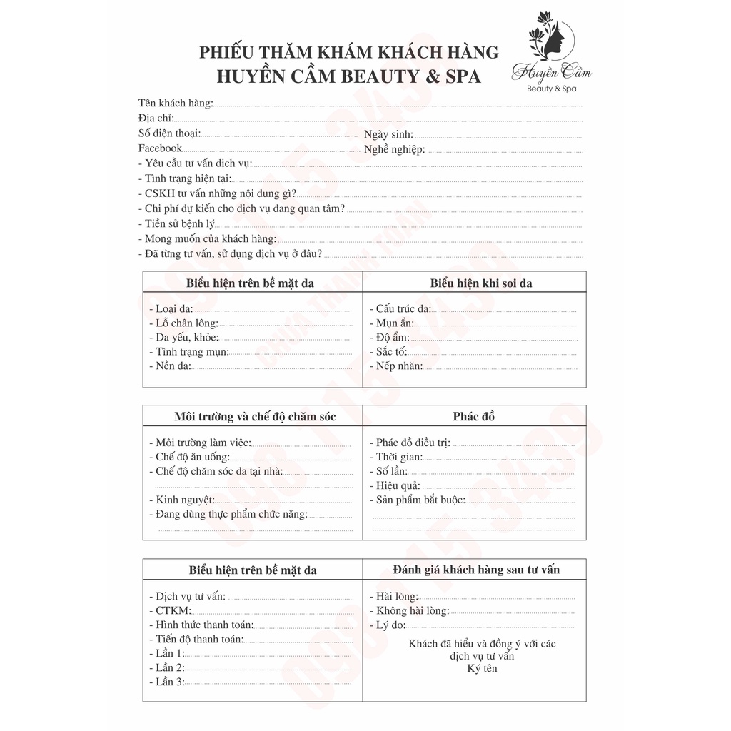 150 tờ phiếu thăm khám khách hàng cho spa