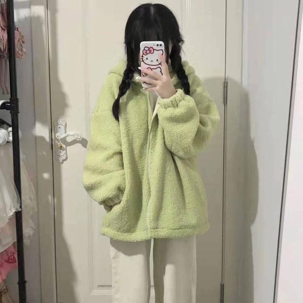 Màu xanh lá cây mùa thu và mùa đông có mũ trùm đầu lông cừu mới áo khoác rộng rãi áo len cardigan