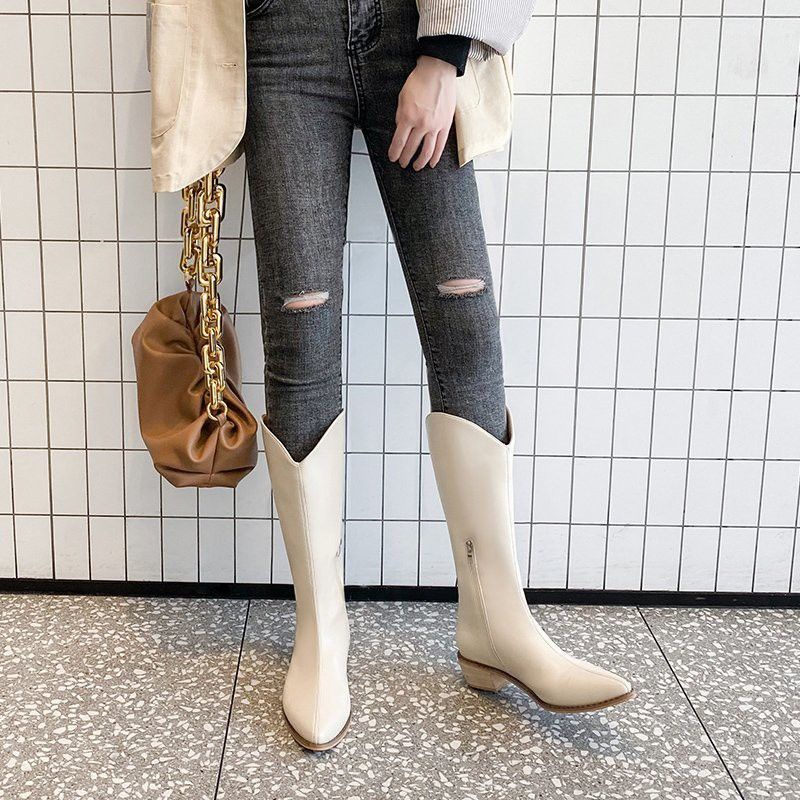 Bốt đùi cao cổ EMY giày boots nữ cổ vát da PU mềm khóa sau boot mũi tròn đế dày 5 cm boost thời trang