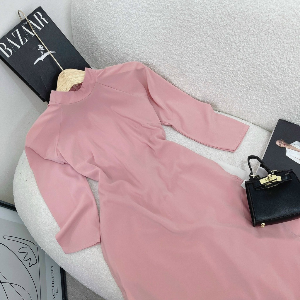 Set áo dài hồng tay lỡ kèm chân váy midi trắng dáng xòe đi chùa du xuân đón tết