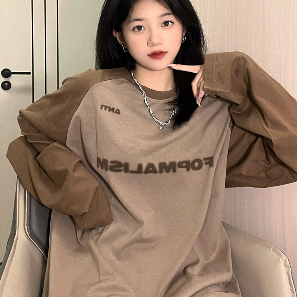 Áo Thun Tay Dài Dáng Rộng In Chữ Màu Sắc Tương Phản Phong Cách Vintage Dành Cho