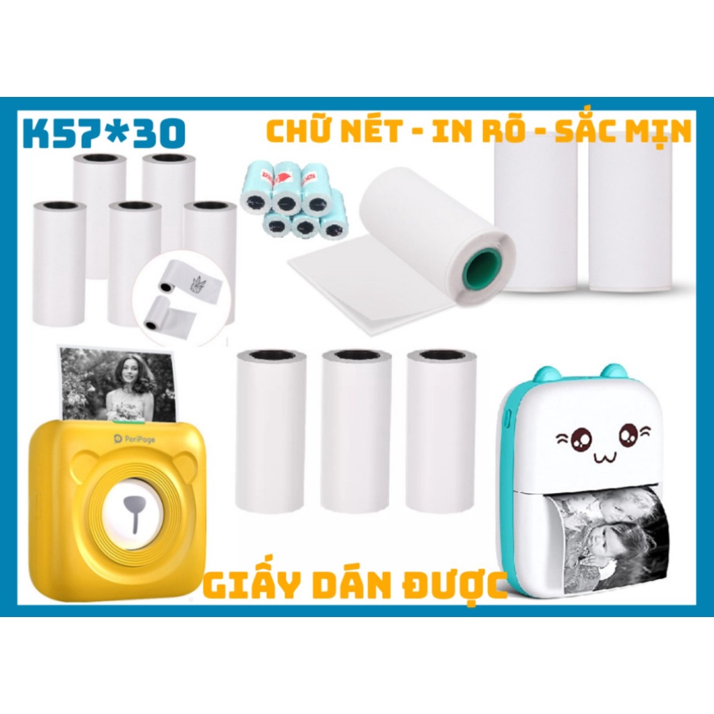 Giấy in nhiệt dán được cho máy in bill Bluetooth con mèo,Peripage, Pap,PT210...máy in cầm tay,có sẵn keo [LIÊN TỤC MINI]