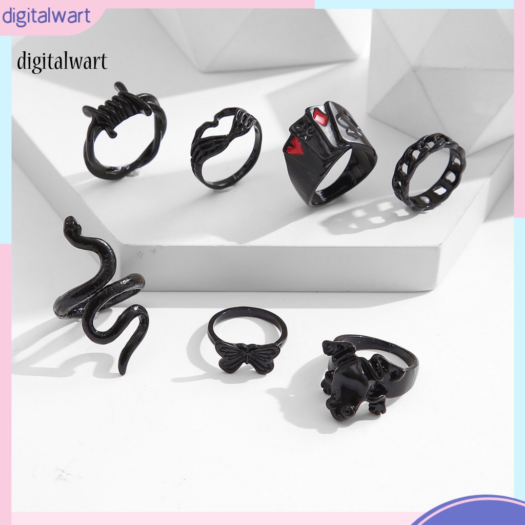 Kỹ Thuật Số| Set 7 Nhẫn Hình Rắn Đen Phong Cách Punk Goth Cho Nam Và Nữ
