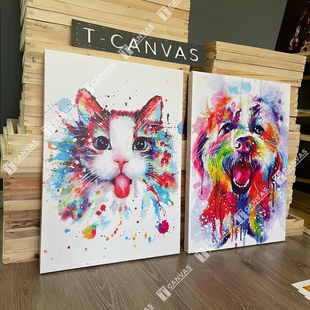 TRANH MÈO | Tranh Canvas tràn viền Mèo cute đáng yêu Vẽ tay Tranh treo tường Động vật ngộ nghĩnh | MEO22 17-31