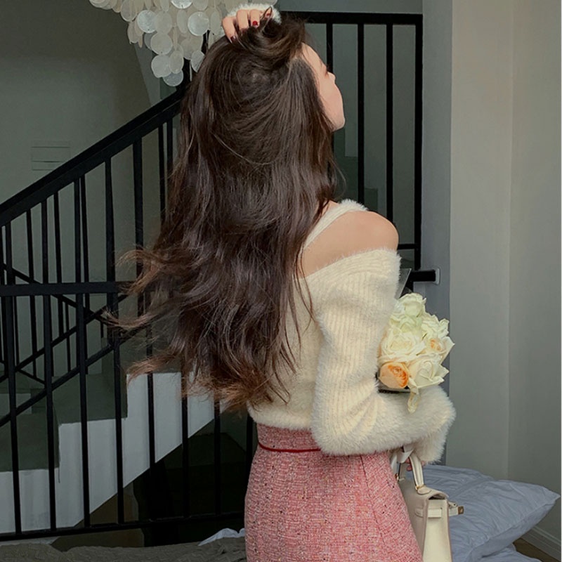 Áo Dệt Kim Tay Dài Dáng Ôm Trễ Vai Thời Trang Hàn Quốc Dành Cho Nữ