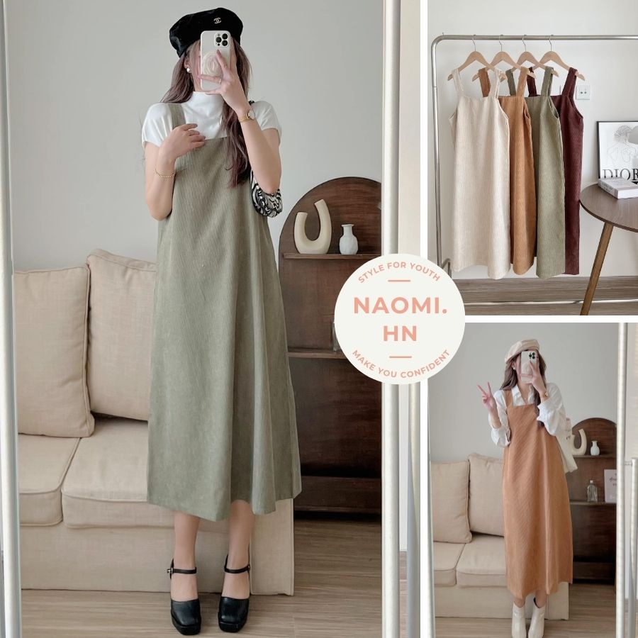 Yếm Nữ Nhung Tăm Suông Rộng Dáng Dài Nhiều Màu. Váy Yếm Nữ Hai Dây Quai To Dáng Dài Nhung Gân Tăm Form Rộng Vintage HQ.