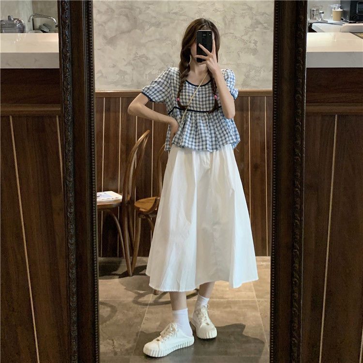 Set Áo Thun Tay Ngắn Phối Chân Váy Chữ A Lưng Cao Sọc Ca Rô Thời Trang 2022 Mới Trẻ Trung Cho Nữ