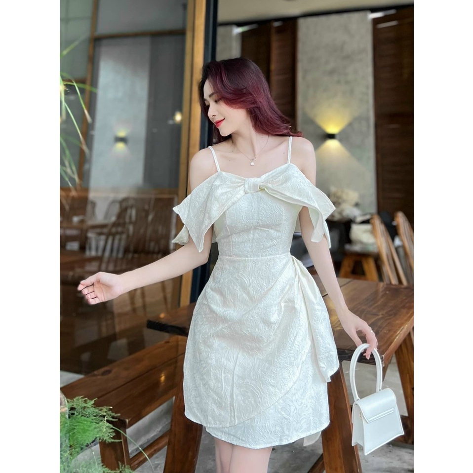 Đầm váy nữ trễ vai đan nơ 2 dây với 2 màu siêu xinh trắng, kem sữa tôn da, tôn dáng dành cho các tình yêu đi dự tiệc