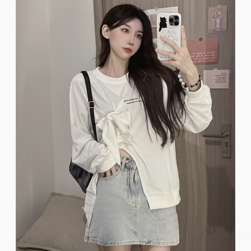 Áo thun ZHELIHANGFEI dài tay thắt nơ xẻ tà xinh xắn cho nữ