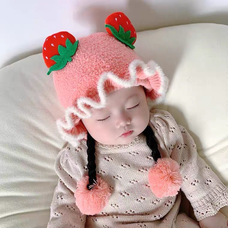Mũ Len Trùm Đầu Kèm Tóc Giả Dày Dặn Giữ Ấm Tai Cho Bé