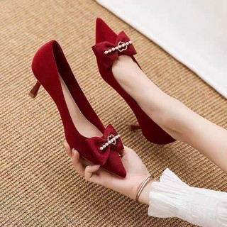 Cod giày cao gót bít mũi giày cao gót đế vuông giày cao gót đế vuông giày cao gót đính đá giày cao gót nữ 7p giày cao gót big size Giày Cưới Cao Gót Hai Cách Mang Đính Ngọc Trai Đỏ Phong Cách Mới 2022