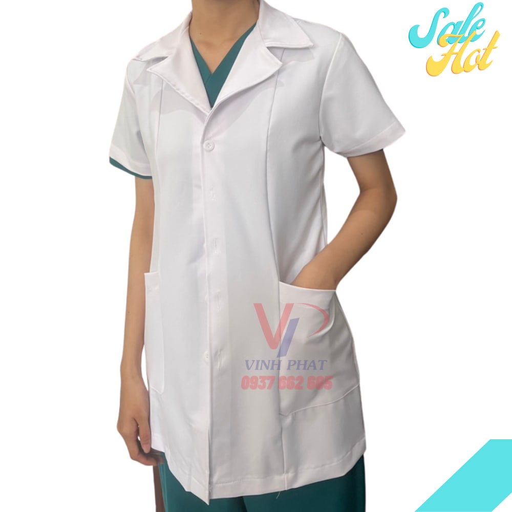 Áo Blouse Nữ Ngắn Tay Thân Ngắn Y Tá Điều Dưỡng - Áo Blouse Trắng Vải Cotton Cao Cấp Nữ Nhà Thuốc Bác Sĩ - Hình thật