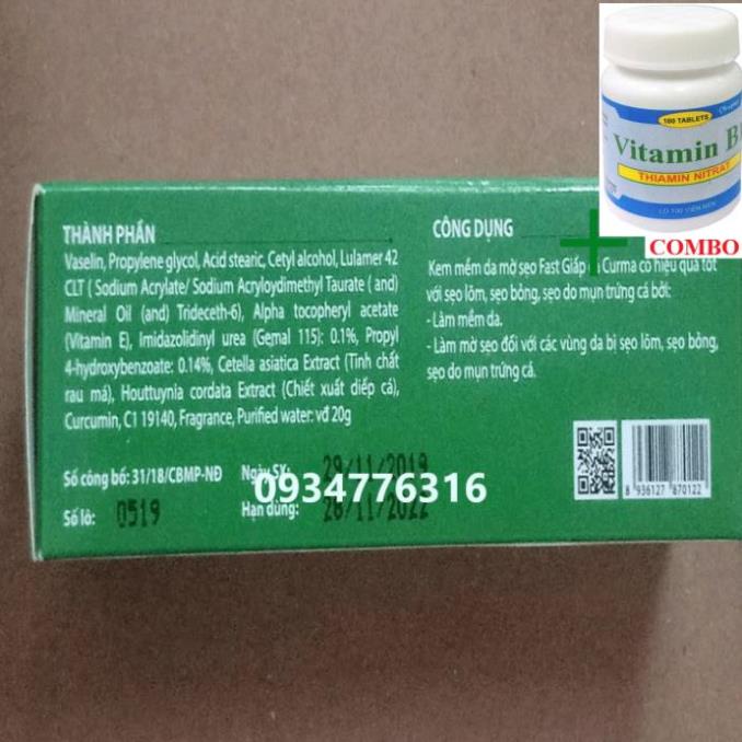 Combo Vitamin B1 chai 100 viên+ ✅ Kem liền da - Lành sẹo lõm Giấp Cá CURMA