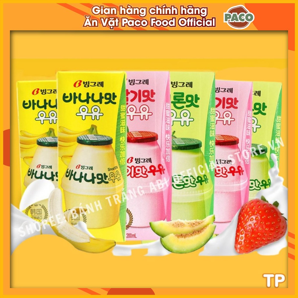 Sữa Tiệt Trùng Vị Trái Cây Binggrae Milk Drink Nhập Khẩu Hàn Quốc 3 vị chuối-dưa gan-dâu 200ml hộp