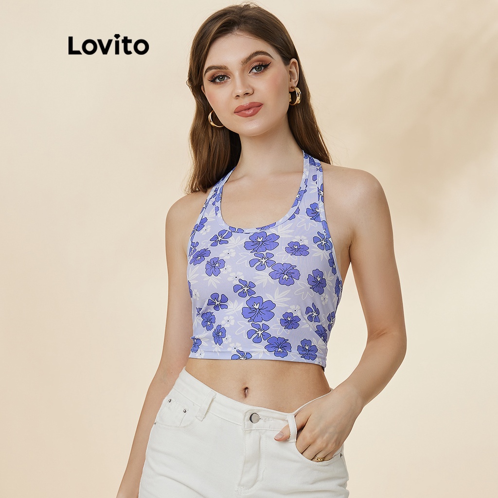Áo sát nách Lovito thiết kế dây yếm họa tiết hoa mùa hè L19D409 (màu xanh dương)
