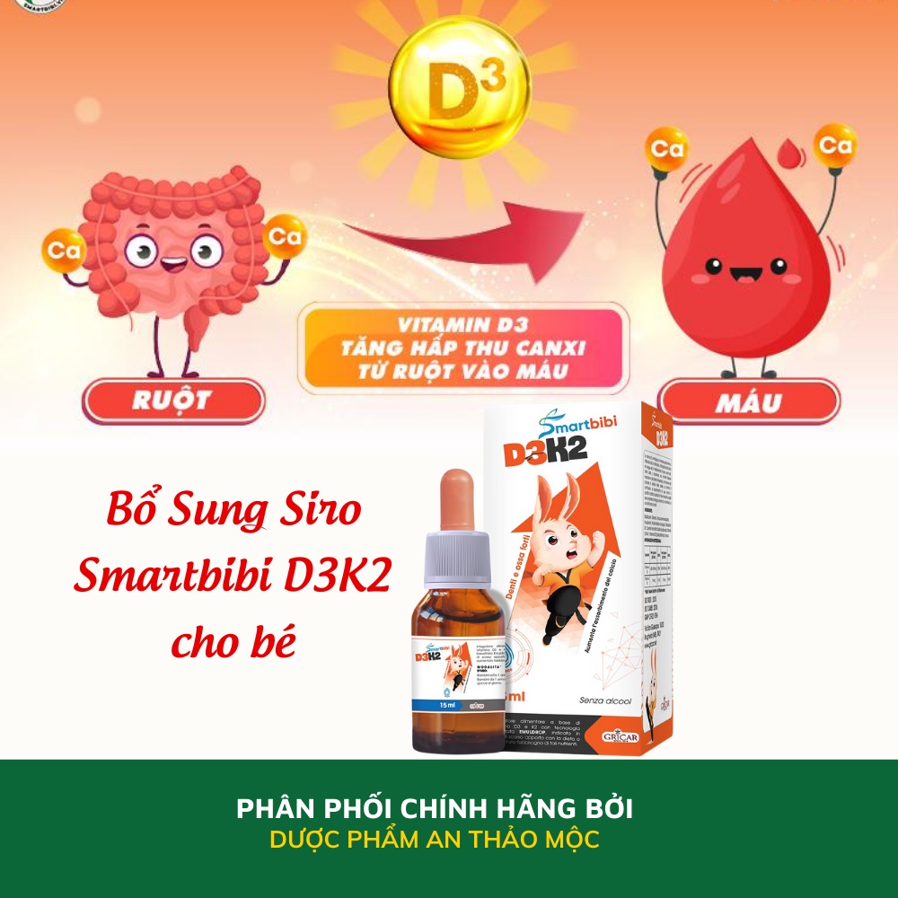 Siro Smartbibi D3K2 bổ sung vitamin tăng khả năng hấp thu canxi xương răng chắc khỏe phát triển chiều cao 15ml