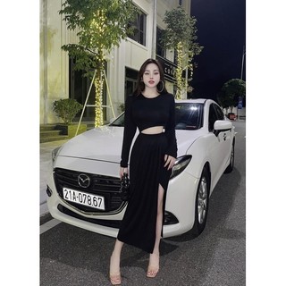đầm lụa tay dài xẻ khoét eo ( thun dẽo ) - CAROTSHOP