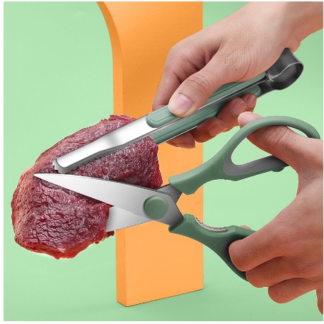 Kéo Cắt Thịt Nướng + Kẹp Thịt Nướng Thép Không Gỉ Hàn Quốc (xanh lá)