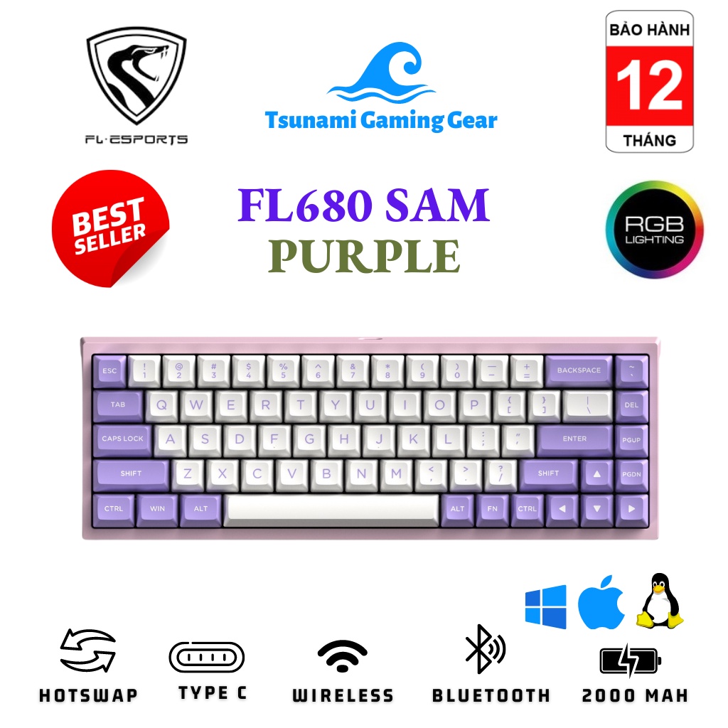 Bàn phím cơ FL-Esports FL680 SAM Purple RGB/ Bluetooth / Wireless 2.4Ghz