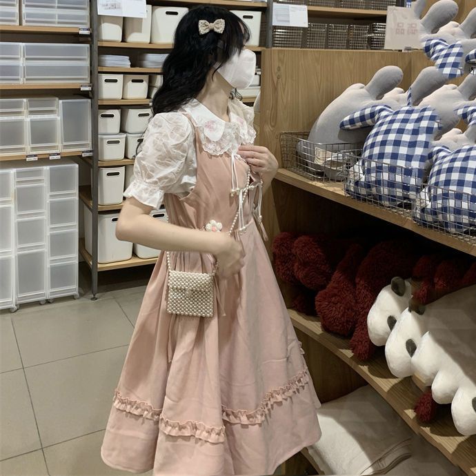 🌼váy babydoll Bộ Áo Sơ Mi Tay Ngắn Cổ Búp Bê + Đầm Yếm Dáng Rộng Phong Cách Mori Hàn Quốc Thời Trang Mùa Hè Mới Cho