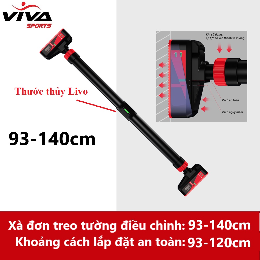 Xà đơn treo tường, gắn tường 2023 điều chỉnh 72cm-105cm và 93cm-140cm nặng 2kg, 2.5kg kèm thước cân bằng-VivaSports