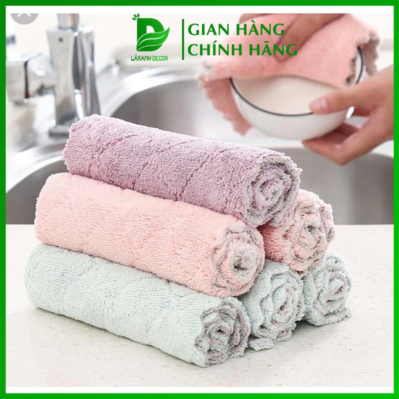 Khăn Lau Đa Năng 2 Mặt 2 Màu Siêu Thấm, Lau Bếp, Lau Tay, Lau Bát Đĩa Siêu Mịn, Không rụng lông - Lá Xanh Decor