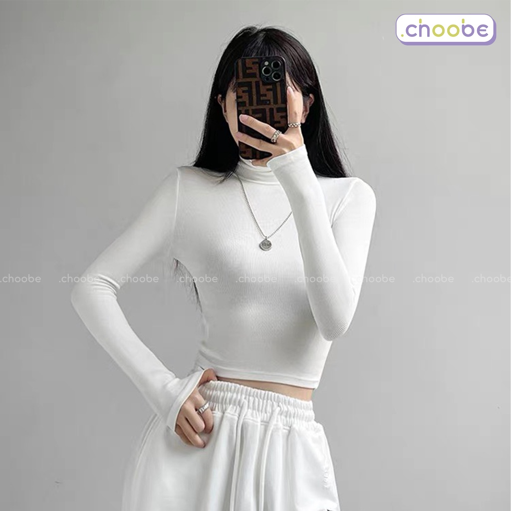 Áo croptop dài tay nữ Choobe cổ lọ chất vải cotton co giãn giữ nhiệt tốt kiểu ôm body cá tính A77