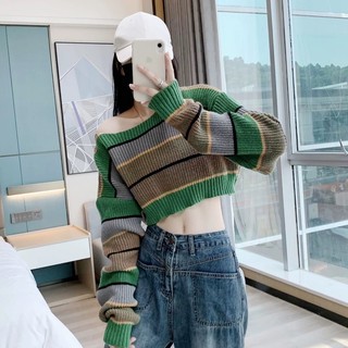 áo len kẻ xanh croptop hot hit (686#)