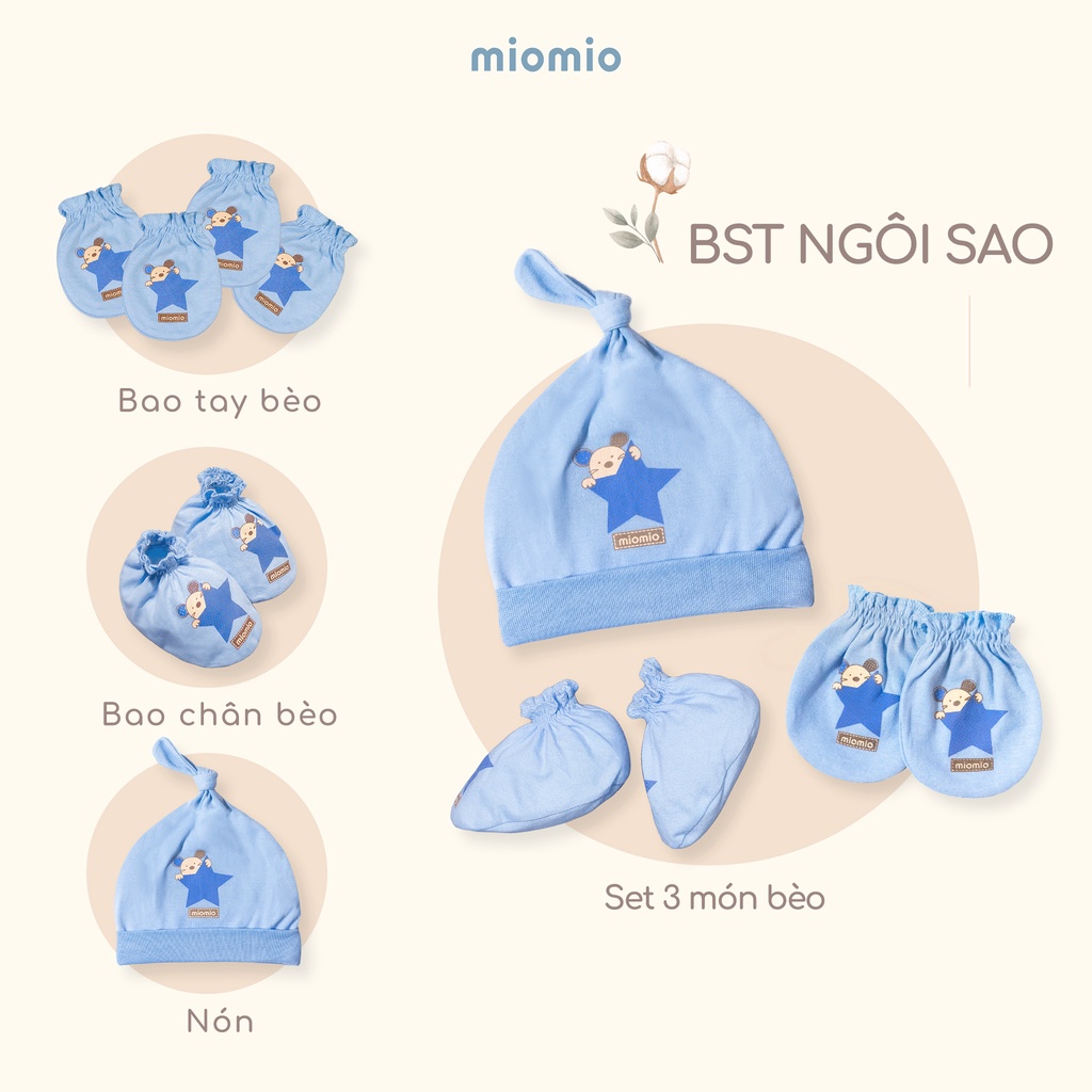 Bao Tay Bèo, Chân Bèo, Nón, Set 3 Món Phụ Kiện Bèo MIOMIO, Họa Tiết: Ngôi Sao, D&R Cho Bé Sơ Sinh, Vải Cotton