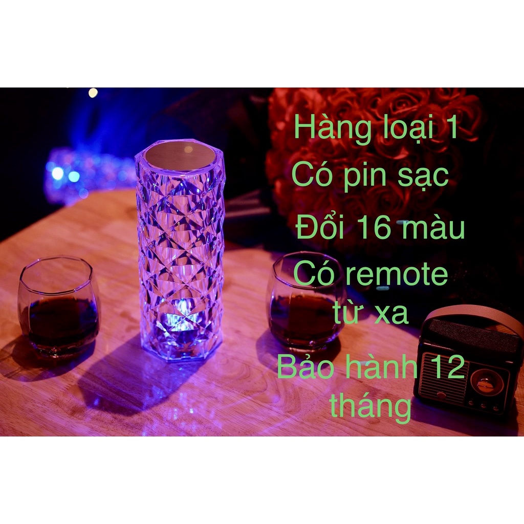 Đèn ngủ pha lê cảm ứng hoa hồng để bàn rgb điều khiển từ xa 16 màu, cảm biến lãng mạn chiếu hình đèn hoa hồng