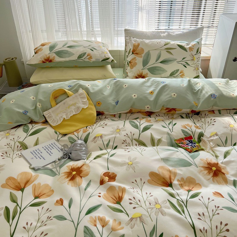 Bộ vỏ chăn ga gối 4 món Cotton Polyester hoa nâu