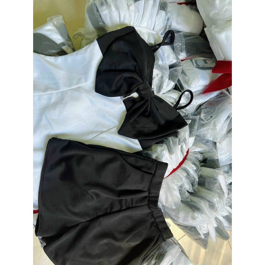 [11.11 Sale Freeship] Set bộ đồ nữ,set áo trắng 2 dây kèm nơ đen ở ngực ôm xoè kiểu babydol phối quần đùi chất umi mtb