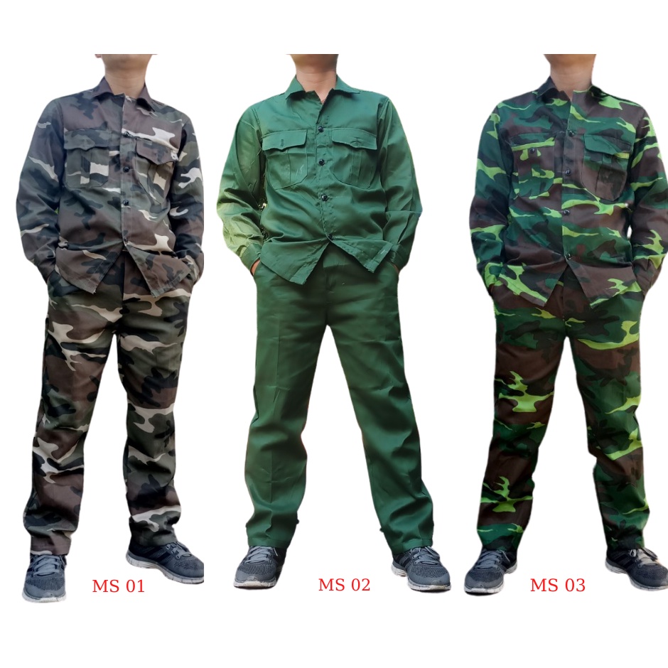 Quần áo bảo hộ lao động, phong cách người lính, mẫu rằn ri, mẫu xanh lính