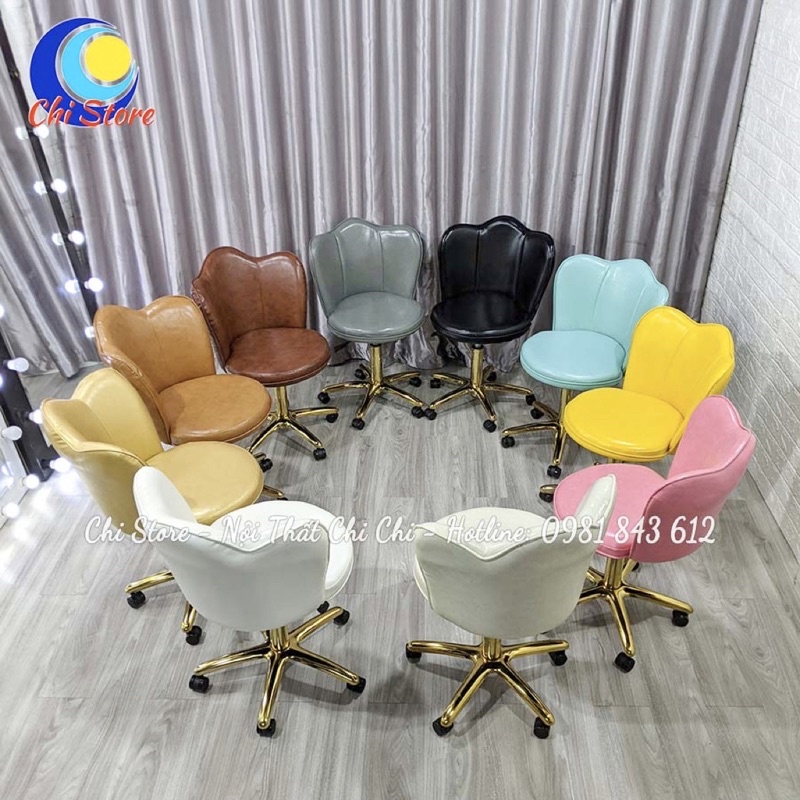 Ghế Ngồi Trang Điểm Tựa Sen Siêu Xinh Xoay 360 Độ, Ghế Livestream, Ngồi Văn Phòng Bọc Da Cao Cấp Bánh Xe Chân Vàng