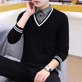 # Áo Len Nam# Cổ Áo Sơ Mi Giả Hai Lớp Thiết Kế Mới Thời Trang Dành Cho Mùa Xuân Thu# Áo Sweater Dệt Kim Mỏng Cổ V Thiết Kế Trẻ Trung Cho Nam