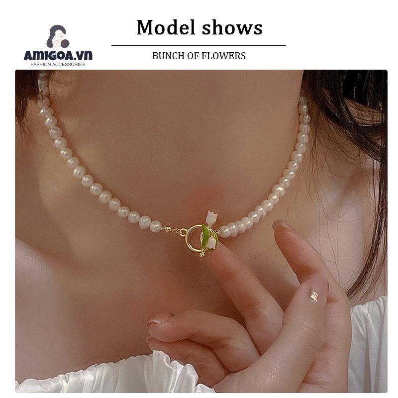 ✨✨Vòng cổ Mặt Hoa Tulip Hồng Đính Ngọc Trai Thanh Lịch