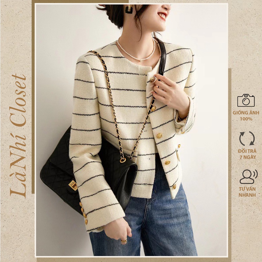 Áo khoác dạ tweed sọc ngang phong cách cổ điển dáng ngắn khuy vàng chất cao cấp