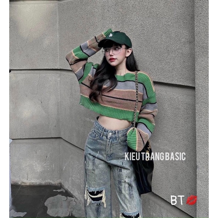 áo len kẻ xanh croptop hot hit (686#)