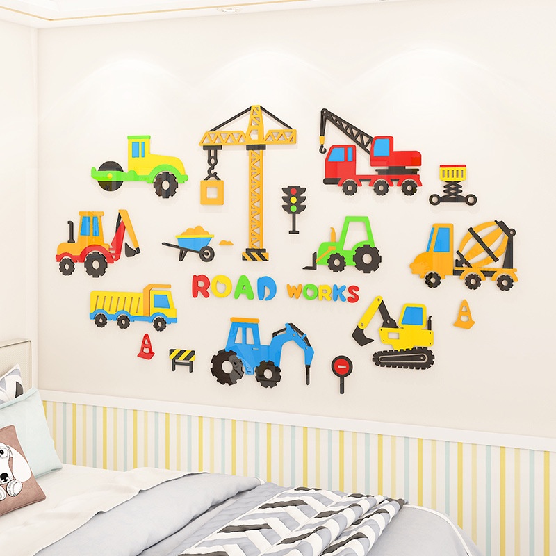 Tranh mica dán tường - xe công trường xây dựng trang trí phòng cho bé nam, bé trai, mầm non, mẫu giáo, khu vui chơi