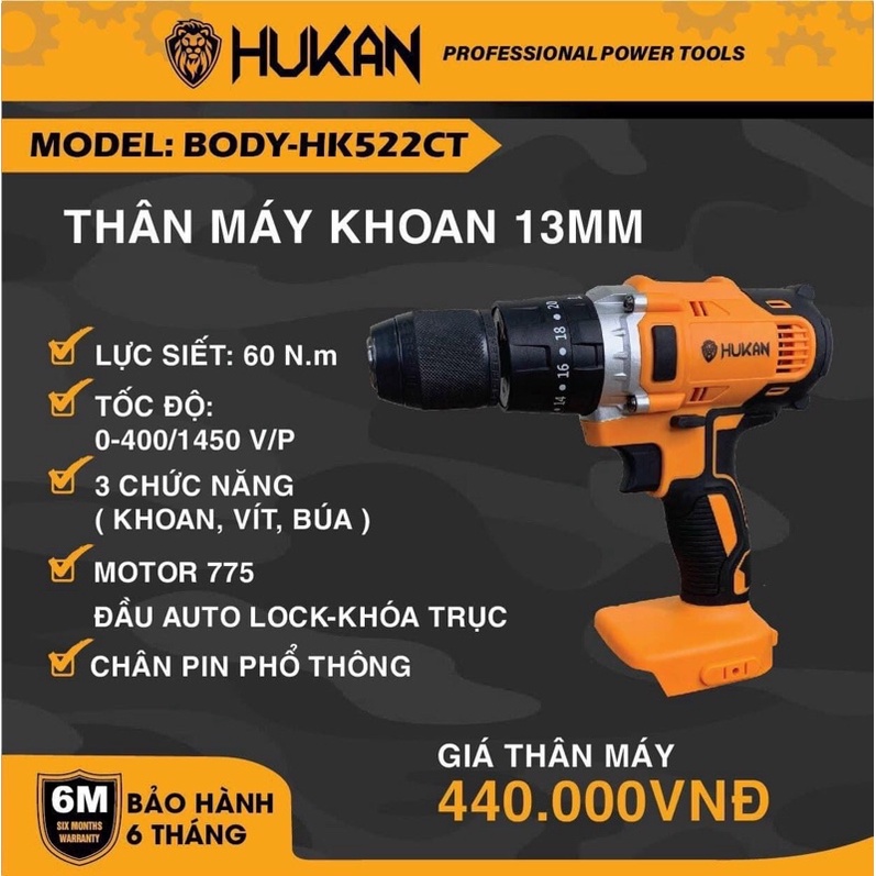 Thân máy khoan pin HUKAN 522 đầu kẹp 13ly ( không kèm pin sạc )