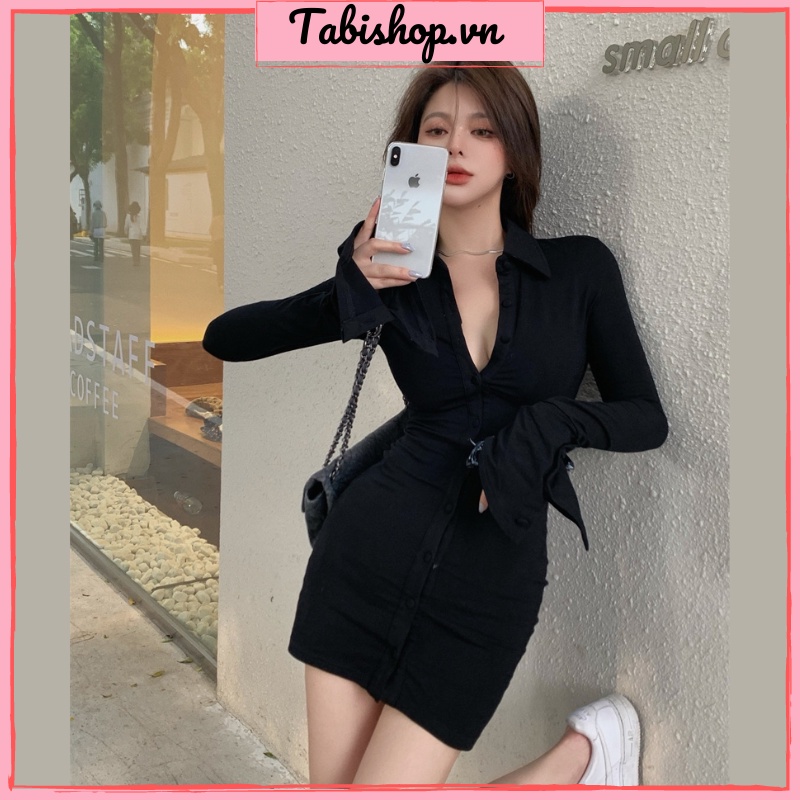 Váy body tay dài loe TABISHOP Đầm polo đen cổ sơ mi phối nút dọc sang chảnh đi dự tiệc đi học đi chơi hottrend