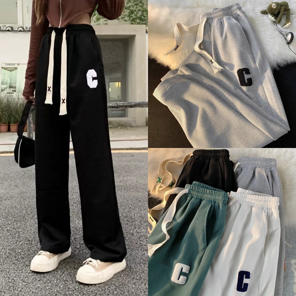Quần ống rộng chất tổ ong chữ C cao cấp dáng quần Jogger thể thao dây rút cạp chun co giãn dày dặn đi học thể dục ở nhà