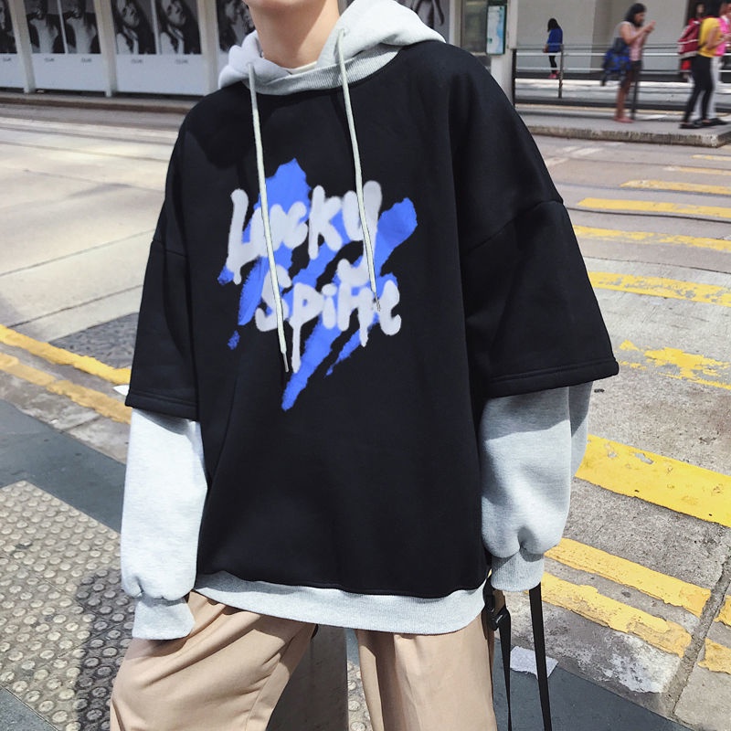 Áo Hoodie Giả Hai Lớp Lót Nhung Dáng Rộng Thời Trang Mùa Đông Cho Nam