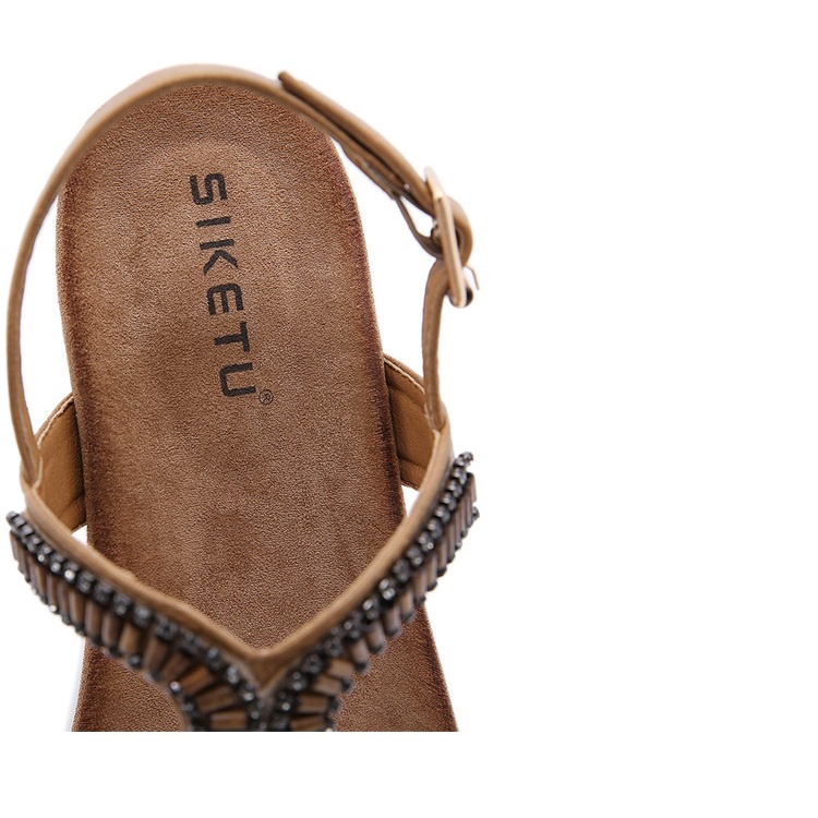 Giày sandal Siketu quai xỏ ngón đế chống trượt 3cm, đính hạt thổ cẩm thời trang