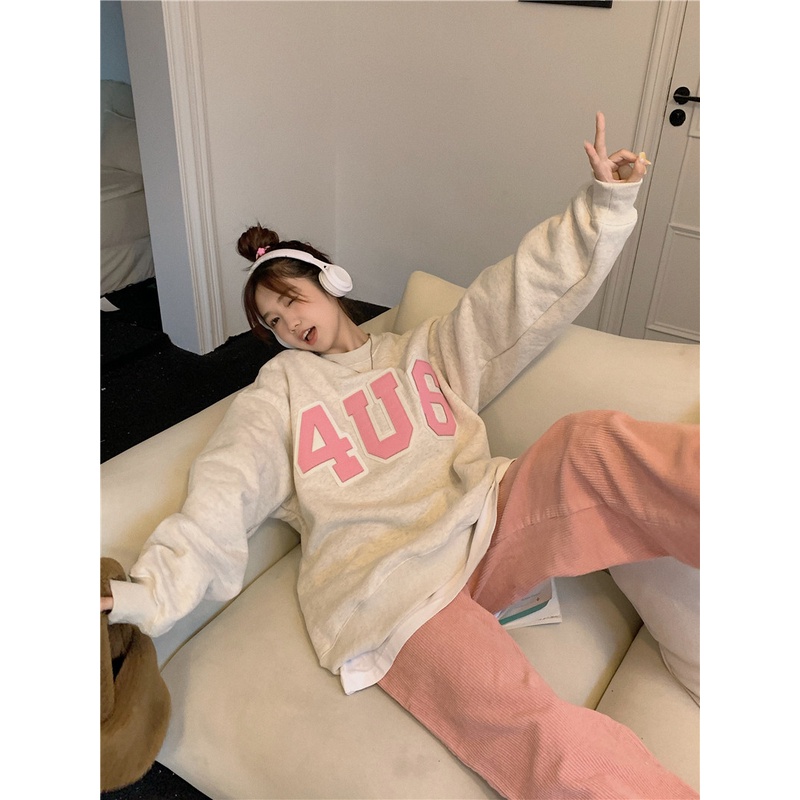 (Hình thật xem mô tả) Set áo sweater nỉ xám thêu chữ hồng 4U6 form rộng + Quần suông hồng gân tăm